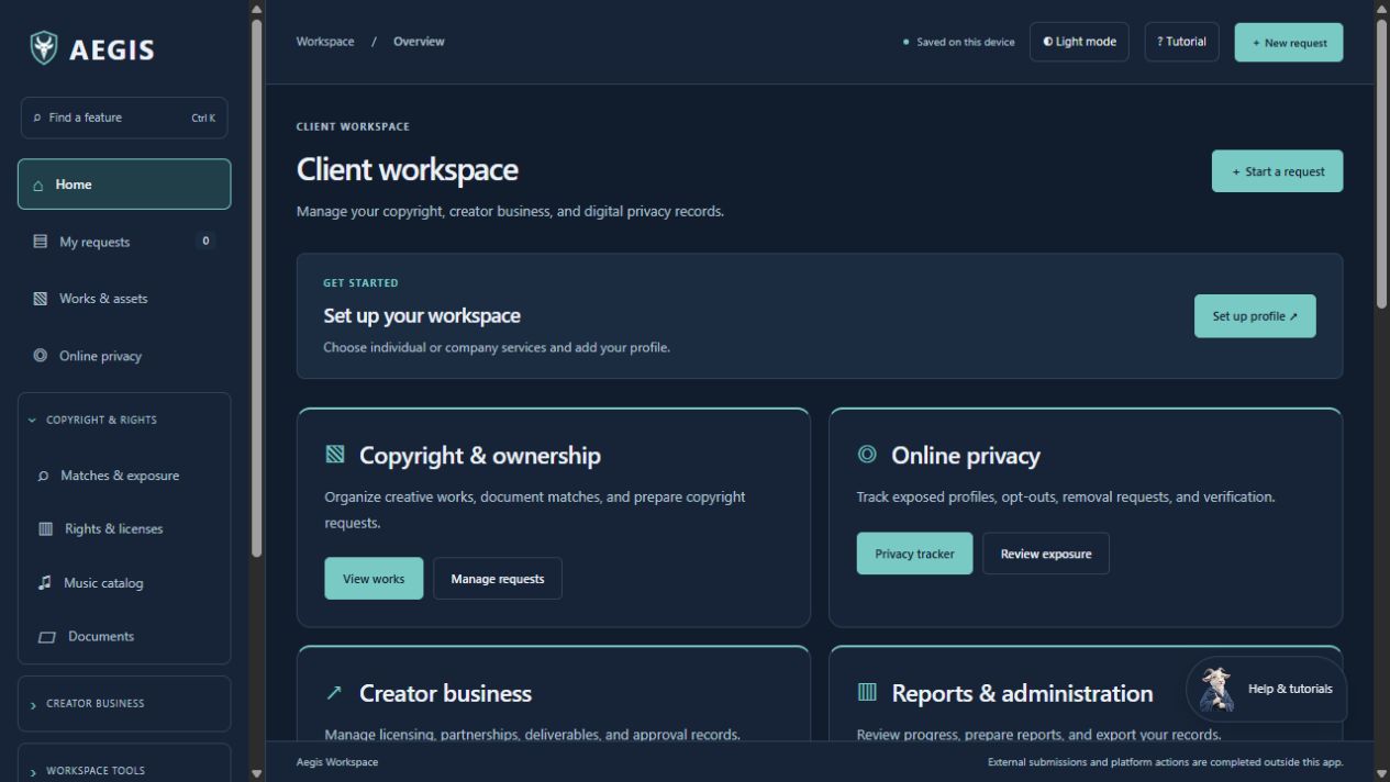 Aegis desktop app showing the goat shield logo, navigation, copyright records, privacy tools and creator business features